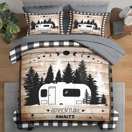 Pamnest Comforter Set Full Size, Camping Camper Rv 7 Pcs Bedding for Kids and Adults, Truck Car Family Bed Sheet Sets with Fitted Sheet 2 Pillowcases & 2 Shams for Bedroom Bed Decor