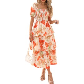 BTFBM Womens Square Neck Smocked Dress Summer Puff Short Sleeve Floral Casual Ruffle Tiered Maxi Wedding Guest Dresses(Floral Apricot Orange, Small)