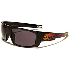 Locs Square Triple Skulls Wrap Around Sunglasses (Black, Orange & Red Frame, Black)