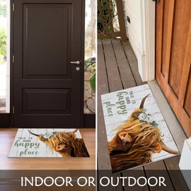 Supwhd Rustic Highland Cow Door Mat, Western Door Mat, Highland Cow Bathroom Rug, This is Our Happy Place Front Door Mat Outdoor Indoor Entrance, Indoor Door Mats for Entryway, 17x30 Inches
