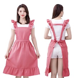 Oaygat Kitchen Chef Apron Tabards for Women with 2 Pockets Wrap Around Vintage Aprons Adjustable Cooking Apron Casual Bib Pinafore Ladies Ruffle Pinny Cotton Pinafore Aprons for Baking Home Kitchen