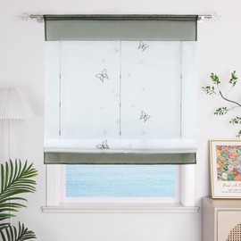 ESLIR Roman Blind, Kitchen Roman Curtain with Drawstring, Transparent Ribbon Blind with Butterfly, Embroidered, Voile Grey, W x H 80 x 120 cm, 1 Piece