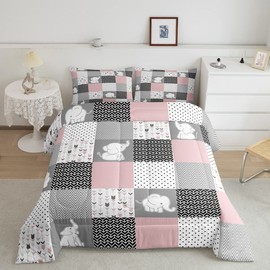 Cute Elephant Comforter Set for Teens Wavy Stripes Bedding Set Pink Grid Stripes Bedding Home Decor for Kids Comforter Twin Size 2 Pcs Kawaii Animals Quilted Duvet Set 1 Comforter with 1 Pillowcase