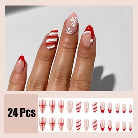 24Pcs Christmas French Tip Press on Nails Medium Almond Fake Nails Glossy Snowflake Acrylic Nails Red White Strip False Nails Xmas Bow Hat Glue on Nails Winter Artificial Nails for Women and Girls