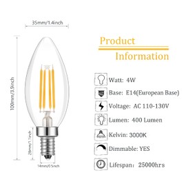 Lamsky E14 LED Bulb Dimmable,110V 400LM 40W Equivalent Warm White 3000K,E14 European Base Candelabra LED Bulbs,C35 Clear Glass Torpedo Shape Bullet Top(12-Pack)