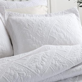 Brandream White Leaf Quilted Pillow Shams Cotton King Size Pillow Cases Set of 2 Comfy Soft Decorative Pillow Covers