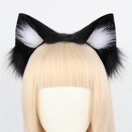 Solxion Cat Ears, Animal Cat Ears, Fluffy Ears, Hair Band Costume Accessory, Cat Costume, Hair Accessories, Event Supplies, School Festivals (Black & White)