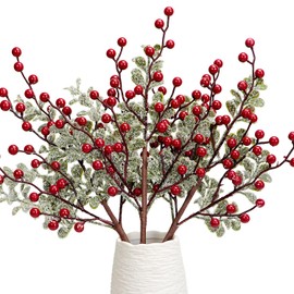 3Pcs Artificial Snowy Eucalyptus Leaves Stems, Frosted Eucalyptus Branches with Frosted Artificial Berries Christmas Decoration Eucalyptus Plant for Holiday Wedding Xmas Tree Winter Décor (Red)