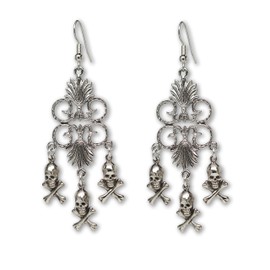 Gothic Skull and Crossbones Medieval Renaissance Chandelier Dangle Earrings Silver Finish