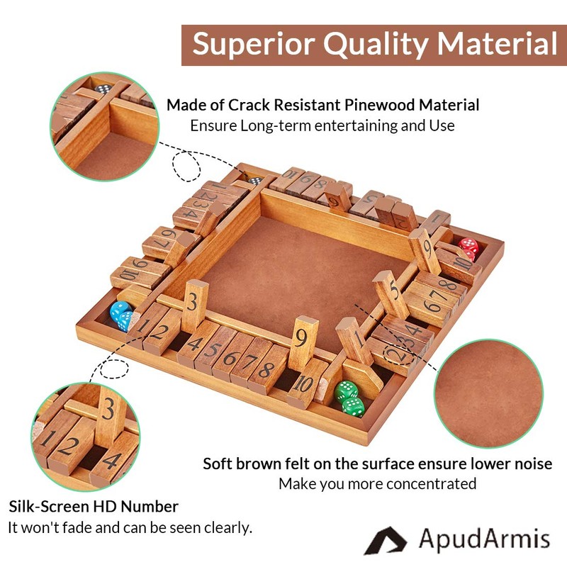ApudArmis 4-Way Shut The Box, Large Wooden Board Game Set