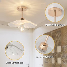 MUMENG Flower Ceiling Light Fixture, Gold Brass Semi Flush Mount Ceiling Light, Vintage Glass Close to Ceiling Lamp for Hallway, Entryway, Porch, Kitchen, Bedroom