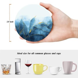 LOKMU Coasters for Drinks,Round Absorbent Ceramic Stone Coaster Sets of 6 with Metal Holder Stand,Blue Paint and Golden Shiny Veins Coasters with Cork Base for Coffee Wooden Table,Housewarming Gifts