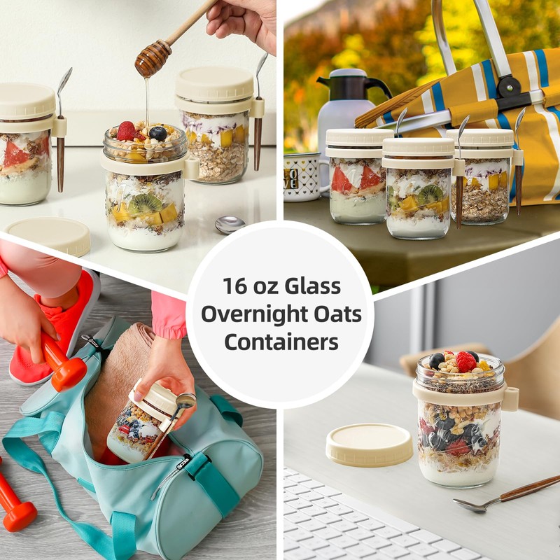 6 Pack Overnight Oats Containers with Lids and Spoons, 16