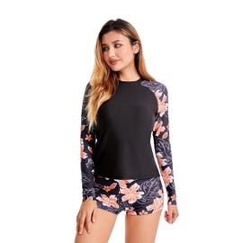 Mexholin Rash Guard for Women Sun Protection UPF 50+ Quick Dry Long Sleeve Swimsuits Built in Bra Pink Flower XXL