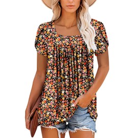 BETTE BOUTIK oetal sleeve short sleeve tops square neck womens work clothes womens shirts Black Orange X-Large