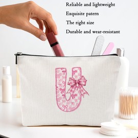 Pink Bow U, Alphabet Makeup Bag for Women, Washable Travel Organizer Toiletry Cosmetic Bag, Coquette Bow Letter Pattern Large Capacity Makeup Pouch with Zipper, Christmas Gifts for Women