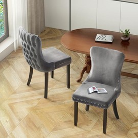 Dining Chair (Set of 2) Velvet Upholstered Wing Back Solid Wood Nailhead Tufted - Color: Gray Velvet