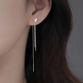 Inateannal Butterfly Threader Chain Earrings Long Tassel Threader Drop Earrings Silver Bar Chain Dangle Earrings Long Line Bead Chain Earrings Jewelry for Women