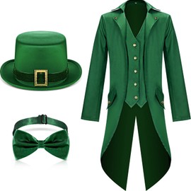 Geyoga St Patrick's Day Outfit Leprechaun Costumes Gothic Vintage Steampunk Tailcoat with Leprechaun Hat Bow Tie(Medium)