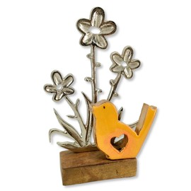 Wooden and Metal Bird Orange with Flowers 14 x 23 cm Table Decoration Home Decoration Bird Flowers
