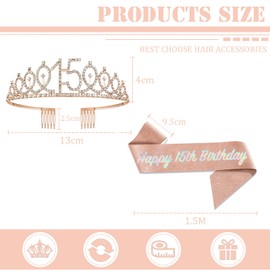 YAAVAAW 15th Birthday Sash and Tiara for Girls,Rose Gold 15th Birthday Crown Costume Set for 15th Birthday Gifts,Rhinestone Birthday Crown and Sash for Her 15th Birthday Decoration Party Accessories