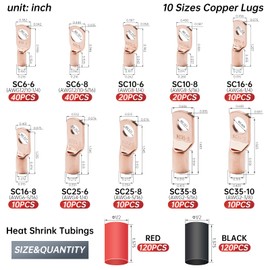 DTLDZSC 180Pcs AWG2 4 6 8 10 12Gauge Thickened Copper Electric Wire Lugs，Heavy Duty Battery Cable Lug Ends Ring Terminals Connectors，240Pcs 3:1 Heat Shrink Tubing Assortment Kit (420Pcs)
