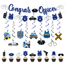 Police Party Decorations, Academy Graduation Congrats Officer Banner Hanging Swirls Cupcake Toppers Cop Sheriff Themed Grad Party Decorations Birthday Retirement Anniversary Party Favor Supplies