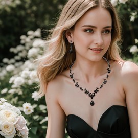 Clearine Wedding Jewellery Set for Women Bride Bridal Bridesmaid, Crystal Teardrop Marquise Cluster Y-Necklace Tennis Bracelet Dangle Earrings Black Silver-Tone