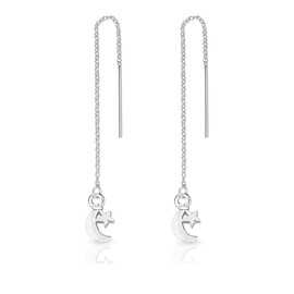 DTPsilver® 925 Sterling Silver Plated Pull Through/Thread Style Drop Chain Earrings Moon with Crescent Moon and Star - Length: 75 mm - Star Dimension: 6 x 10 mm