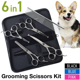 Professional 5 in 1 Dog Grooming Scissors Set with Safety Round Tips, Japard Sharp and Heavy-duty Pet Shears for Cats (Black)