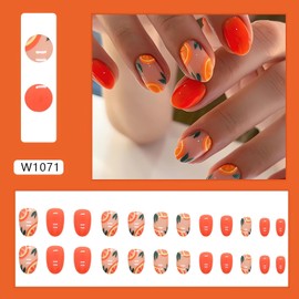 Short Summer Press on Nails Oval Orange Fake Nails Glossy Acrylic False Nails Cute Artificial Stick on Nails Summer Nails Press ons Short Oval Glue on Nails for Women 24Pcs