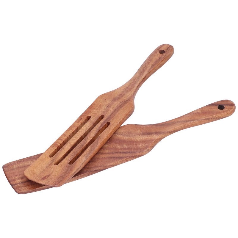 2pcs Slotted Turner Spatula Simple Wooden Spatula with Long Handlefor