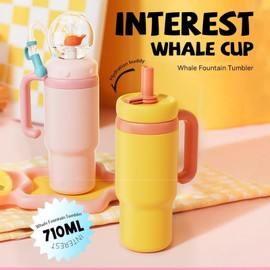 Drinking Cup With Whale Squirt, 24oz Whale Water Bottle with Handle, Insulated Stainless Steel Whale Water Cups With Two Silicone Soft Tip, Leak-Proof Whale Fountain Bottle for Kids Teens (ZBlack)