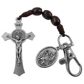 TALISMAN4U Catholic Rosary Keychain for Car St Benedict Cross Saint Christopher Pray for Us Medal Pocket Rosary Key Chain Religious Accessory Wood Beads, Brown, Small