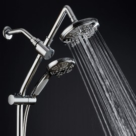 Hotel Spa - Spa Station 34" Adjustable Drill-Free Slide Bar with 48-setting Showerhead Combo & Height Extension Arm / 3-way Rain & Handheld Shower Head/Low Reach Diverter/Stainless Steel Hose/Chrome