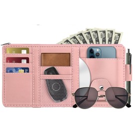 LSYJING Car visor storage bag, ultra-thin multi-pocket visor organizer with zipper for sunglasses, cards, pens, documents and keys (粉色)