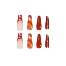 24PCS Long False Nails with Glue Stickers,Coffin Full Cover Acrylic Nails Press on Nails no Glue, Maple Leaf Red French Fake Nails Stick on Nails for Women and Girls Nail Art.