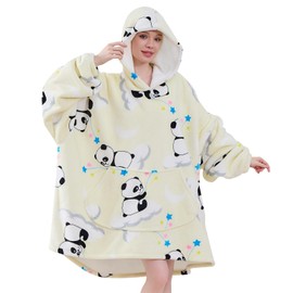 Wearable Blanket Hoodie, Oversized Hooded Blanket for Adult Women Men with Pocket and Sleeves Animal White Panda