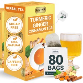 LeafLea Turmeric Tea with Ginger and Cinnamon, 80 Premium Turmeric Ginger Tea Bags, 100% Natural Ingredients Herbal Tea, Vegan, No Sugar, Caffeine-Free, Each Tea Bag Sealed for Fresh Flavor