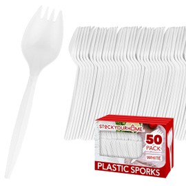 Disposable Sporks (50 Pack) White Plastic Sporks - BPA Free Kid Safe 2 in 1 Utensils - Heavy Weight Fork Spoon for School Lunch, Picnics, Catering, Restaurants, Kids Birthday Parties - Stock Your Home