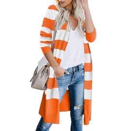 CARDYDONY Women Casual Maternity Lightweight Duster Cardigan Stripe Orange XL