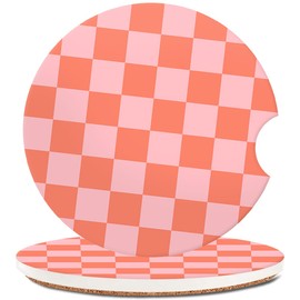 Absorbent Car Coasters 2 Pack for Women/Men,Car Coaster for Drinks,Ceramic Stone Car Cup Holder with A Finger Notch,Watermelon Red Check