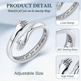 LOVECOM S925 Sterling Silver Hug Rings for Women Adjustable Hugging Hands Open Ring for Men Promise Rings Jewelry Birthday Christmas Gifts for Dad Mom Wife Daughters Grandma Best Friend, US Size 8,