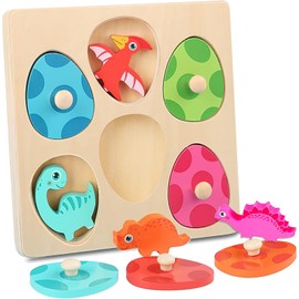 Wooden Puzzle from 1 Year, Baby Montessori Wooden Toy Dino Eggs for 1 2 3 Years Girls and Boys, Children's Gripping Puzzle, Sorting Game, Motor Skills Toy, Birthday Christmas Easter Gift