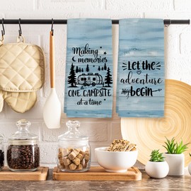 FSTCSV Blue Camping Dish Towels Set of 2, RV Gifts for Camper Hand Towel, Making Memories One Campsite at A Time Decorative Tea Dish Towels for Kitchen, Camper Gifts Farmhouse Bathroom Decor, 16x24in