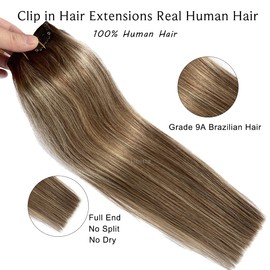 Clip in Hair Extensions Real Human Hair, Ombre Brown to Ash Blonde Highlights Real Hair Extensions Clip in Human Hair,16Inch 7Pcs Double Weft Remy Human Hair Clip in Extensions 70G for Women