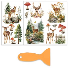 OLYCRAFT Forest Deer Transfer Films for Rubbing on Furniture and Crafts 15 x 30 cm Mushroom Furniture Stickers Decor Plum Deer Transfer Sticker with 1 Piece Scraper for Home Decor 3 Pieces/Set