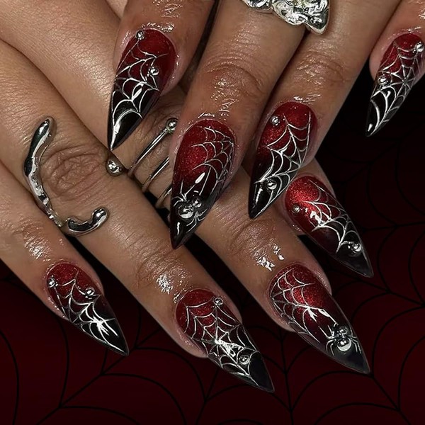 MouyouGlow Press on Nails Lang,Stiletto Halloween Rot Gradient Schwarz Spinnennetz