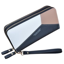 Women's Wallet with Double Zip, Polyurethane Leather Phone Wallet, Large Capacity, Long Clutch Purse with Multiple Card Slots and Wrist Strap Artificial Leather, Black (black 4)