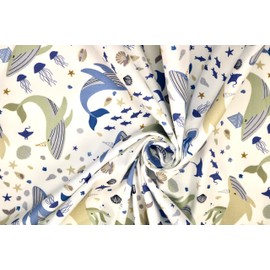 Pyrhan 100% Cotton Fabric by Rose & Hubble | Shark & Whales in Ocean Printed Cotton Fabric by The Metre UK |45 inches (114 cm)| Crafting Fabric & Dressmaking Fabric | Dress Fabric Material (White)